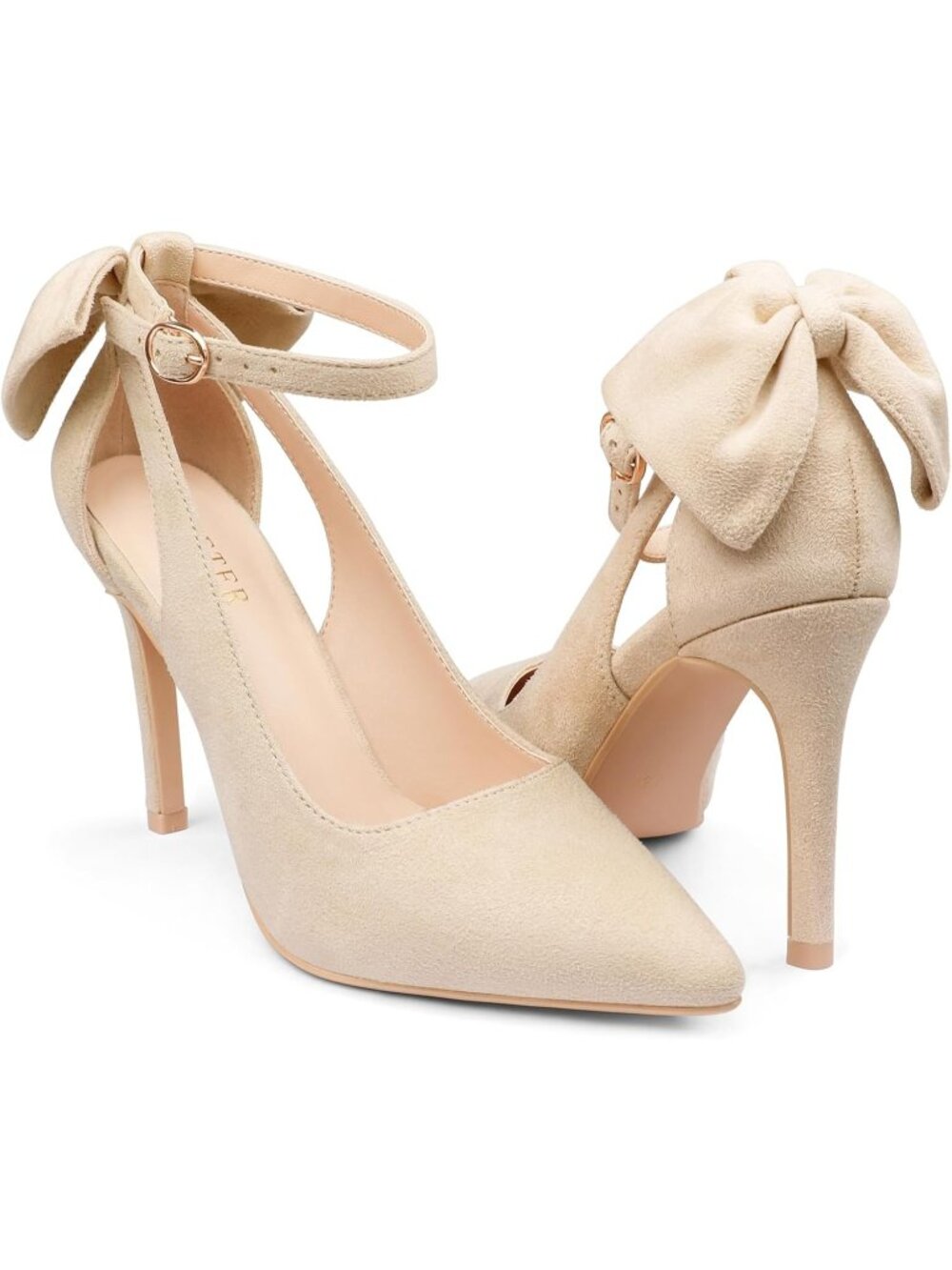Women's Beige Faux Leather Adjustable Pumps Pointed Toe Ankle Strap Wedding Heel